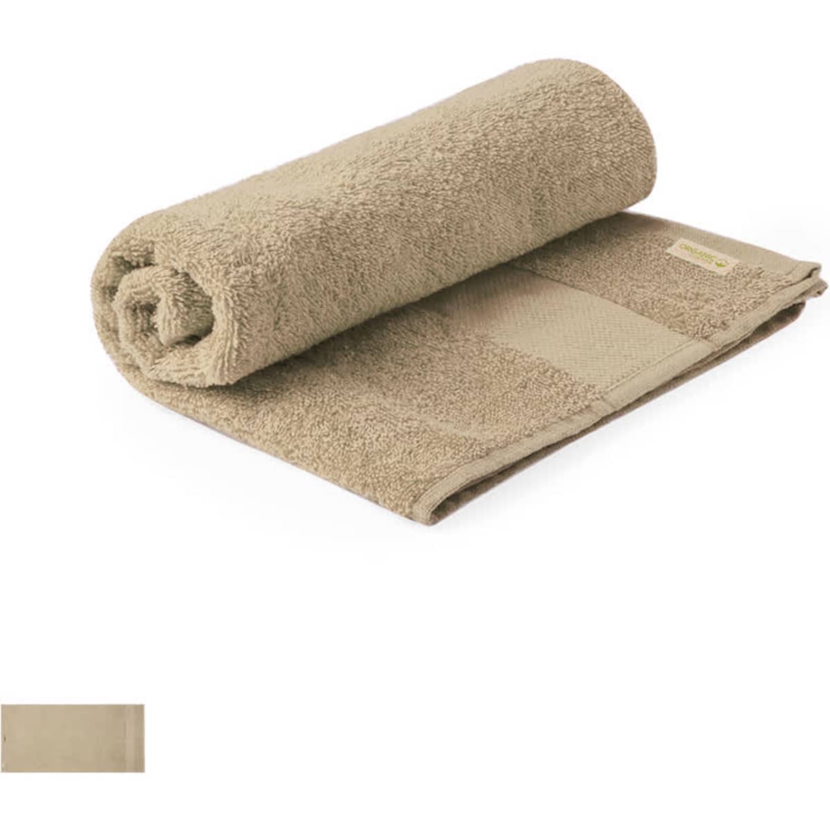 A rolled, beige towel with a textured surface and a small logo on the side, designed for health and personal use.