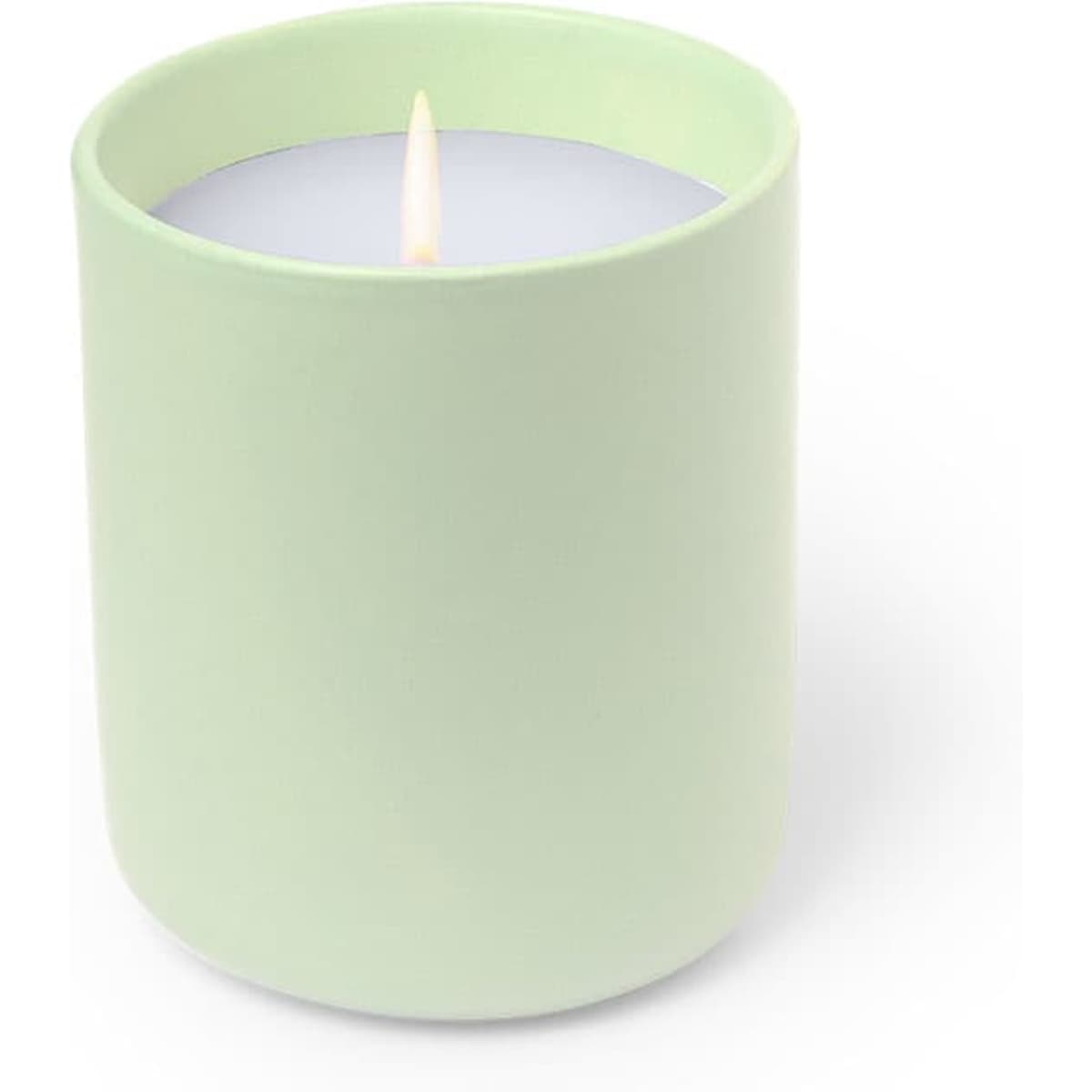 A light green candle in a simple, round container with a visible flame. The container has a smooth, matte finish.