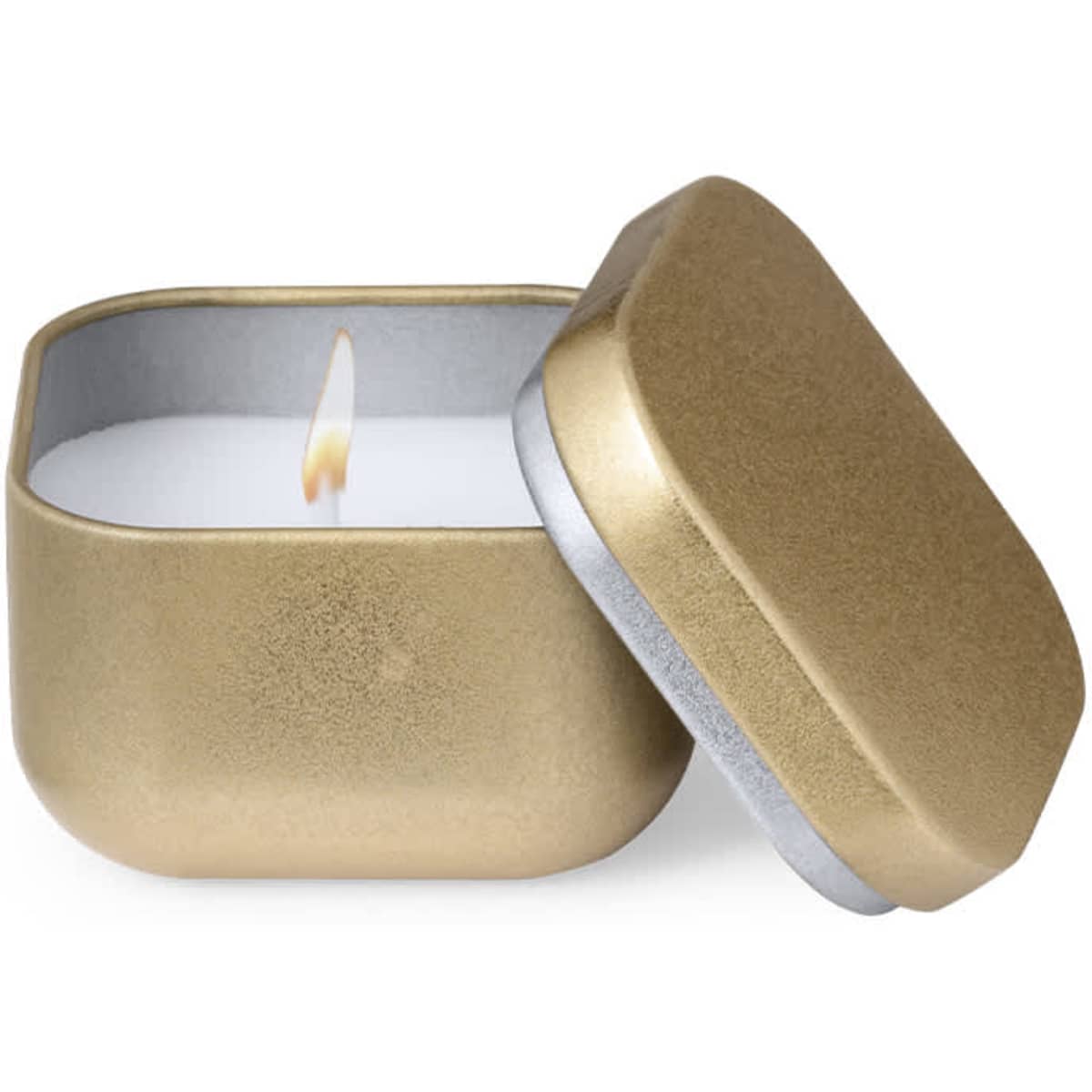 A gold candle in a square tin container, with the lid slightly open and a flickering flame visible.