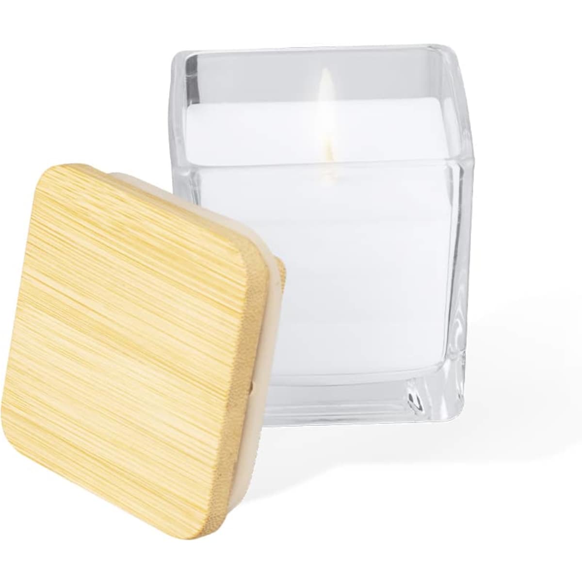 A square glass candle with a white wax and a bamboo lid, featuring a lit wick.