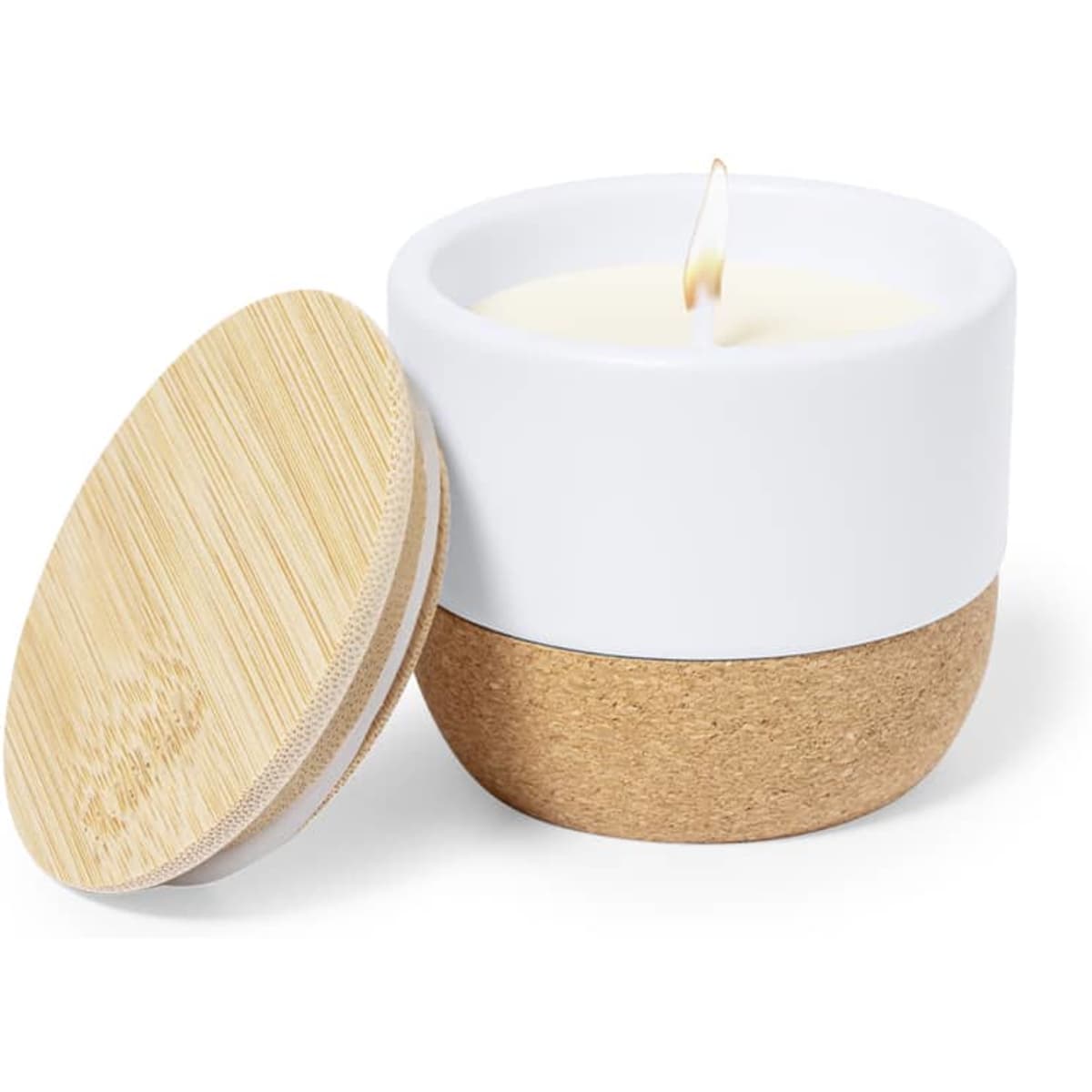 A white and cork candle holder with a lit candle inside, featuring a wooden lid.
