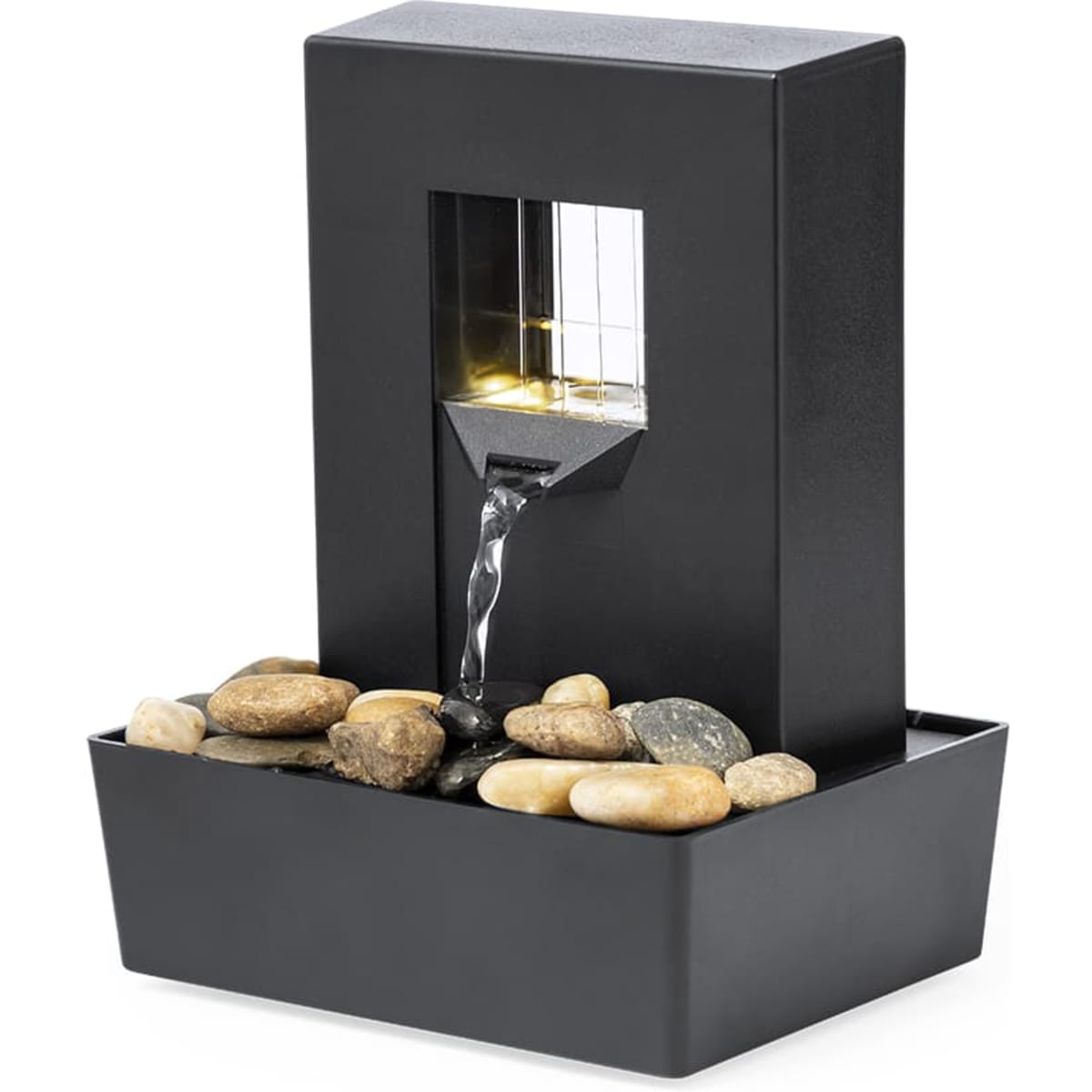 A black tabletop water fountain with a cascading stream and decorative pebbles in the base.