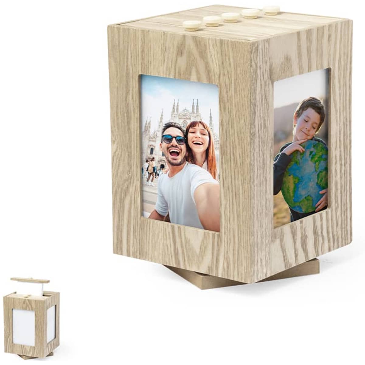 A wooden photo frame in a cube shape, featuring four picture slots, with a light oak finish and a logo on the base.