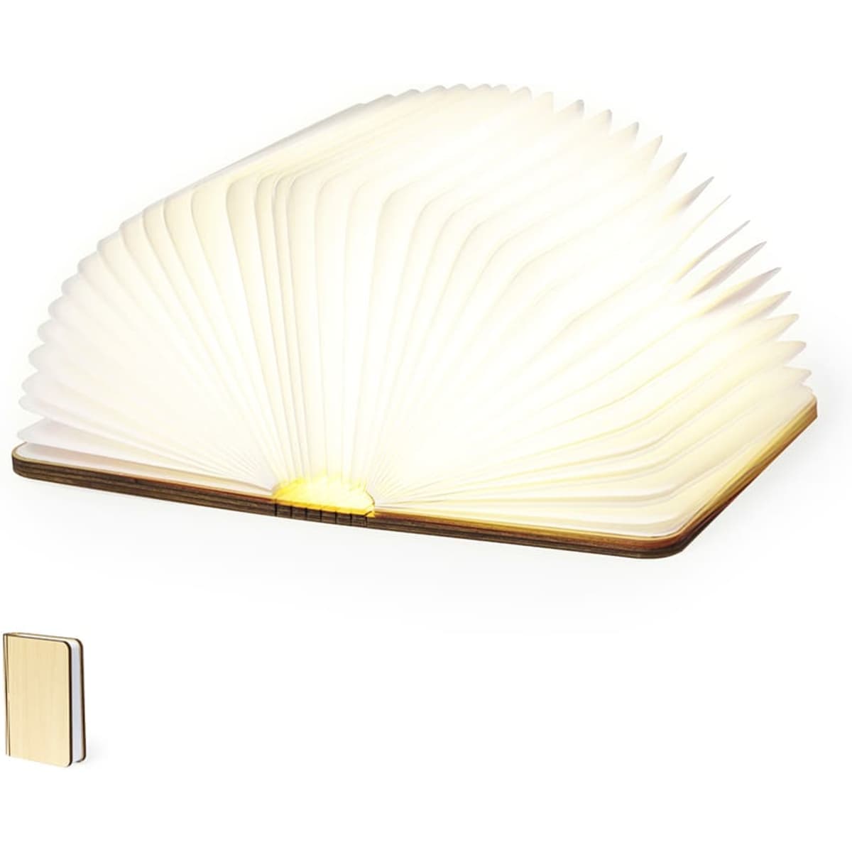 A book-shaped light with a soft white glow, featuring a wooden cover and an open, fan-like design.