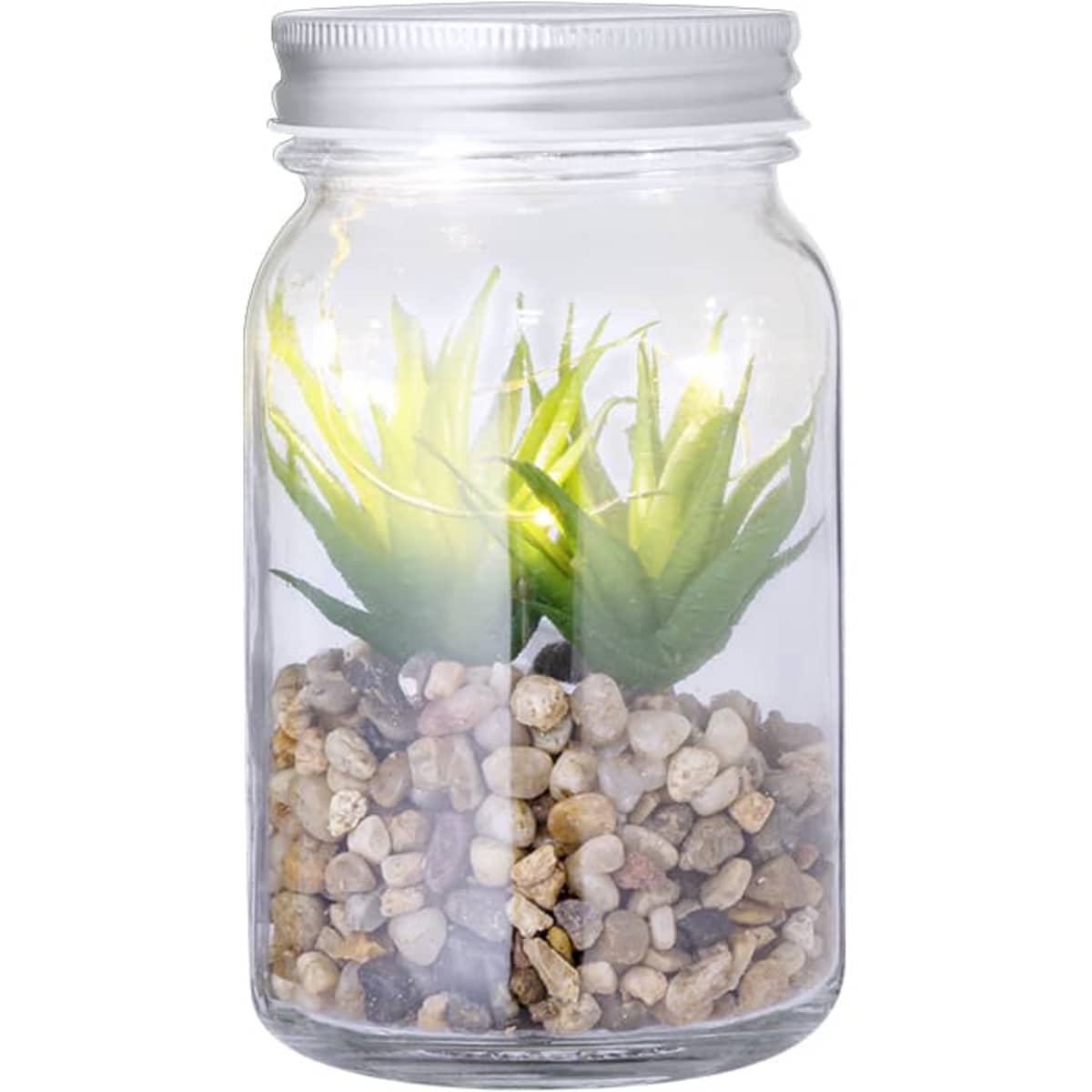 A glass jar containing artificial green plants, pebbles, and LED lights, with a silver lid.