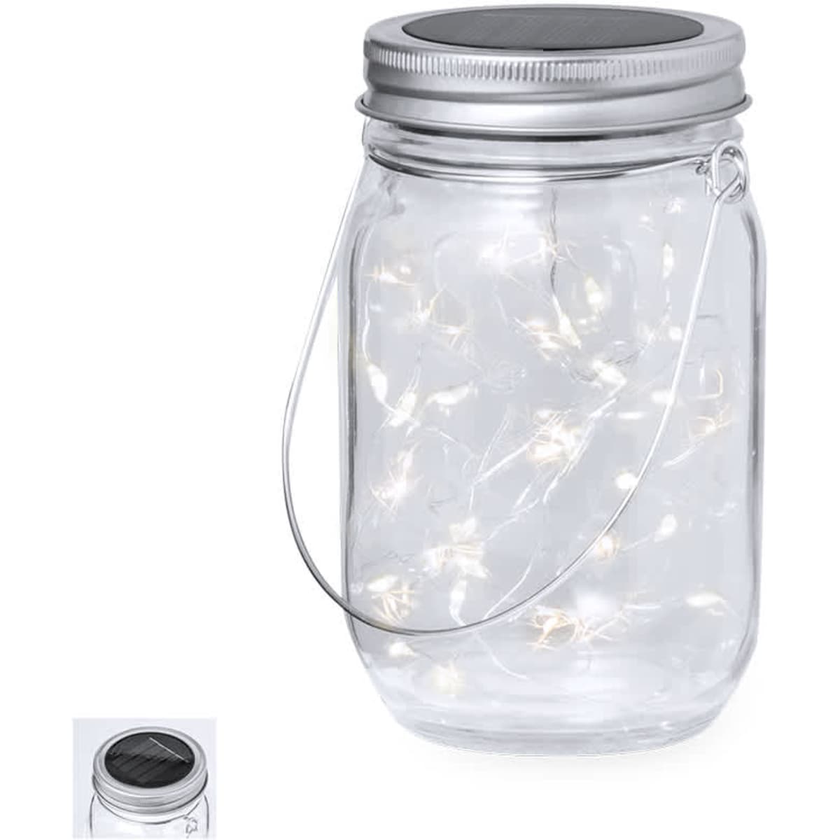 A clear glass jar with a silver lid and handle, featuring warm white string lights inside. It has a solar panel on top.