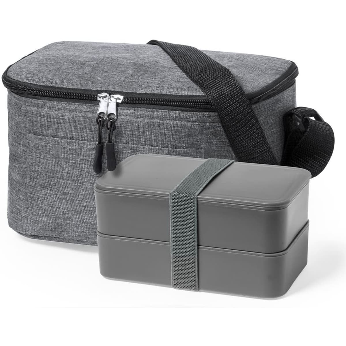 A grey cooler bag is shown, accompanied by a grey lunch box. The cooler bag has a strap and a zip closure.