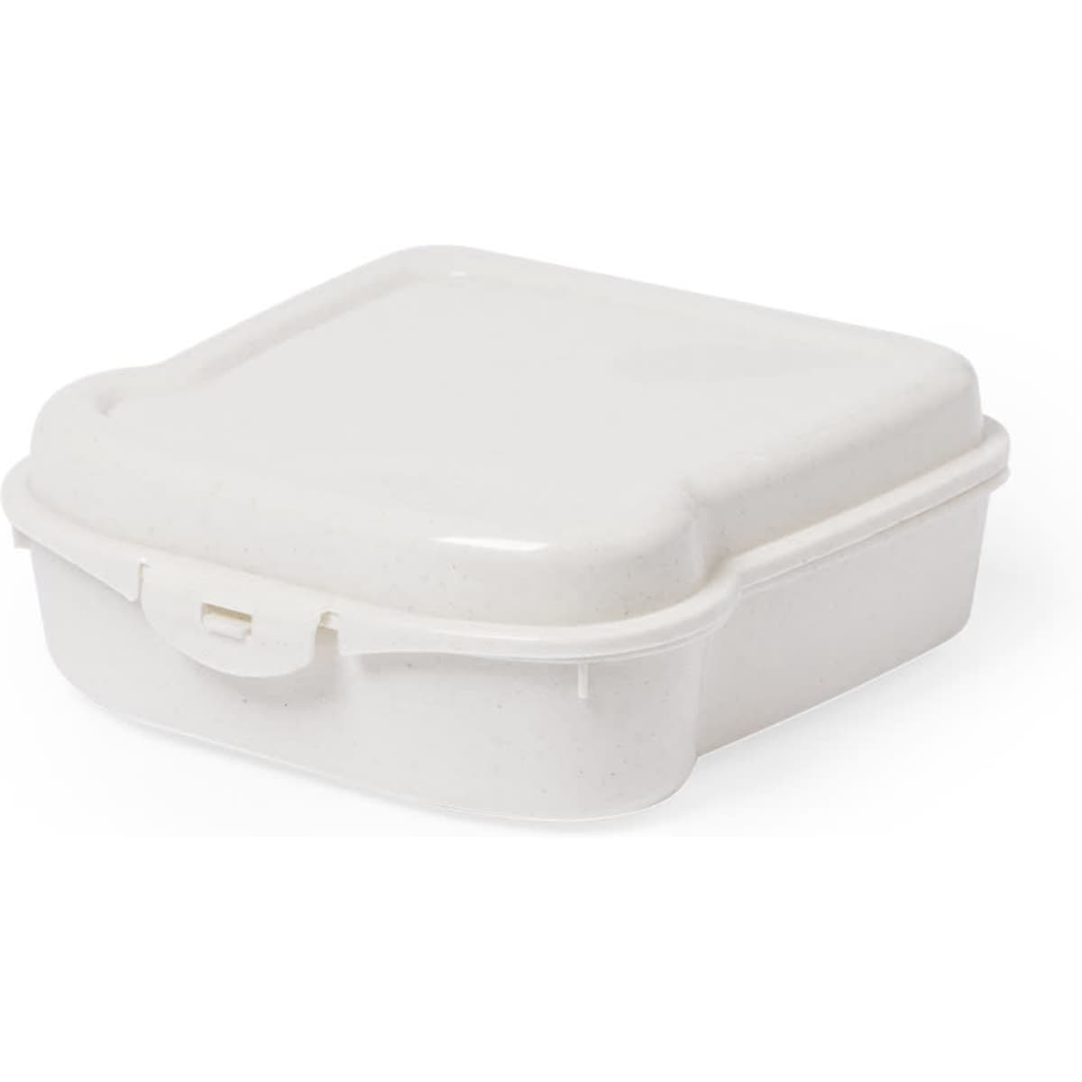 A square, white lunch box with a secure clasp closure and a sleek design. It has a simple logo on the side.