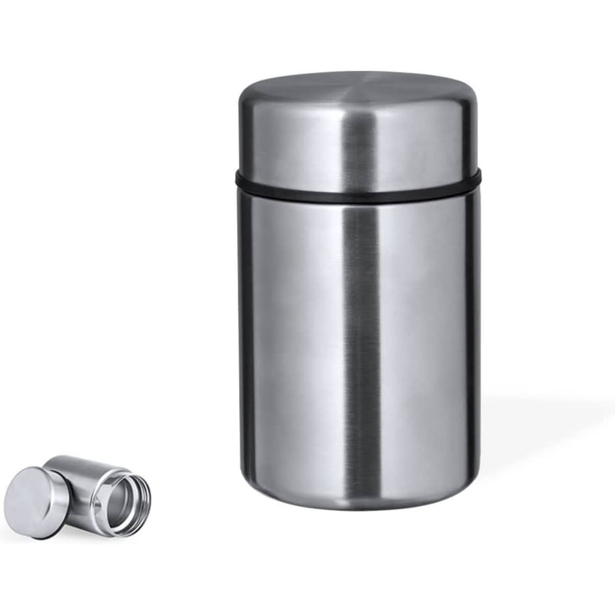 A stainless steel lunch box with a secure lid, featuring a sleek, modern design and a removable top piece.