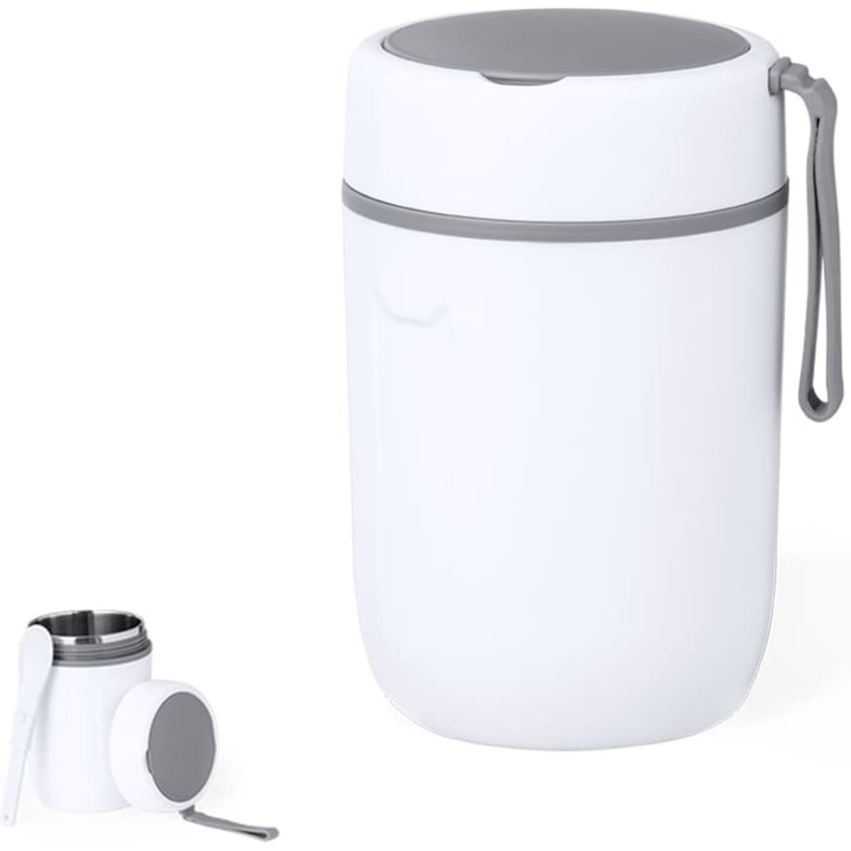 A white lunch box with a grey lid and a side handle, featuring a smaller container beside it.