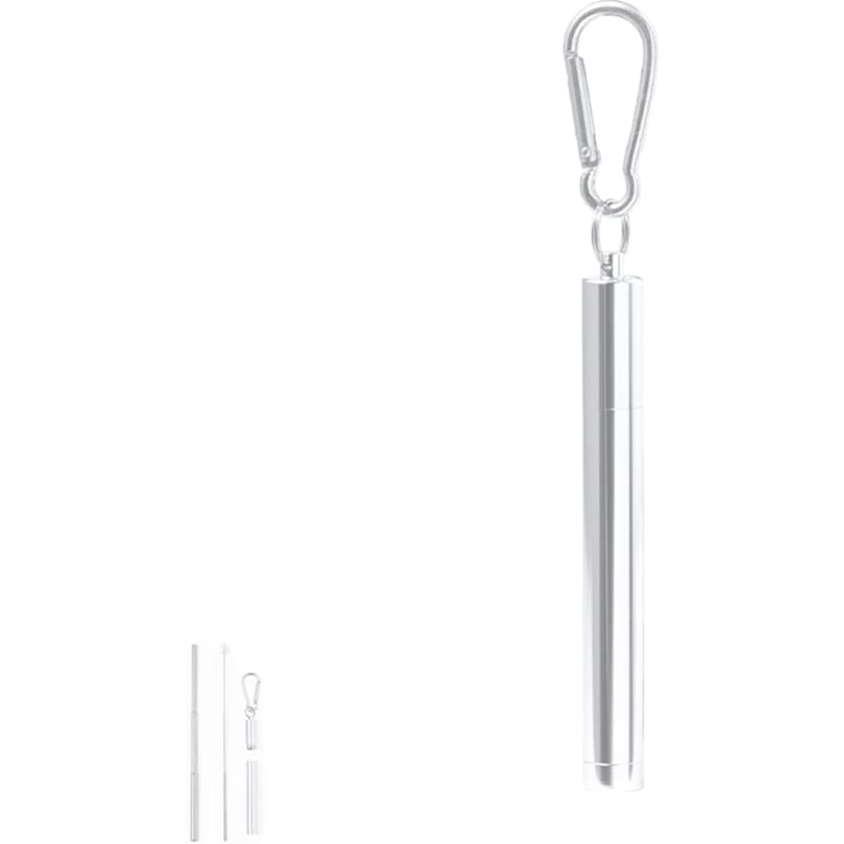 A drinking straw in silver, featuring a sleek design and a carabiner for easy attachment. It has a logo displayed on it.
