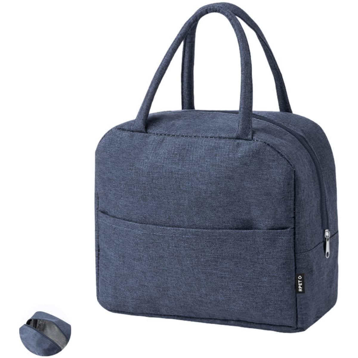A dark blue cooler bag with dual handles, featuring a front pocket and zip closure. It has a logo on the side.