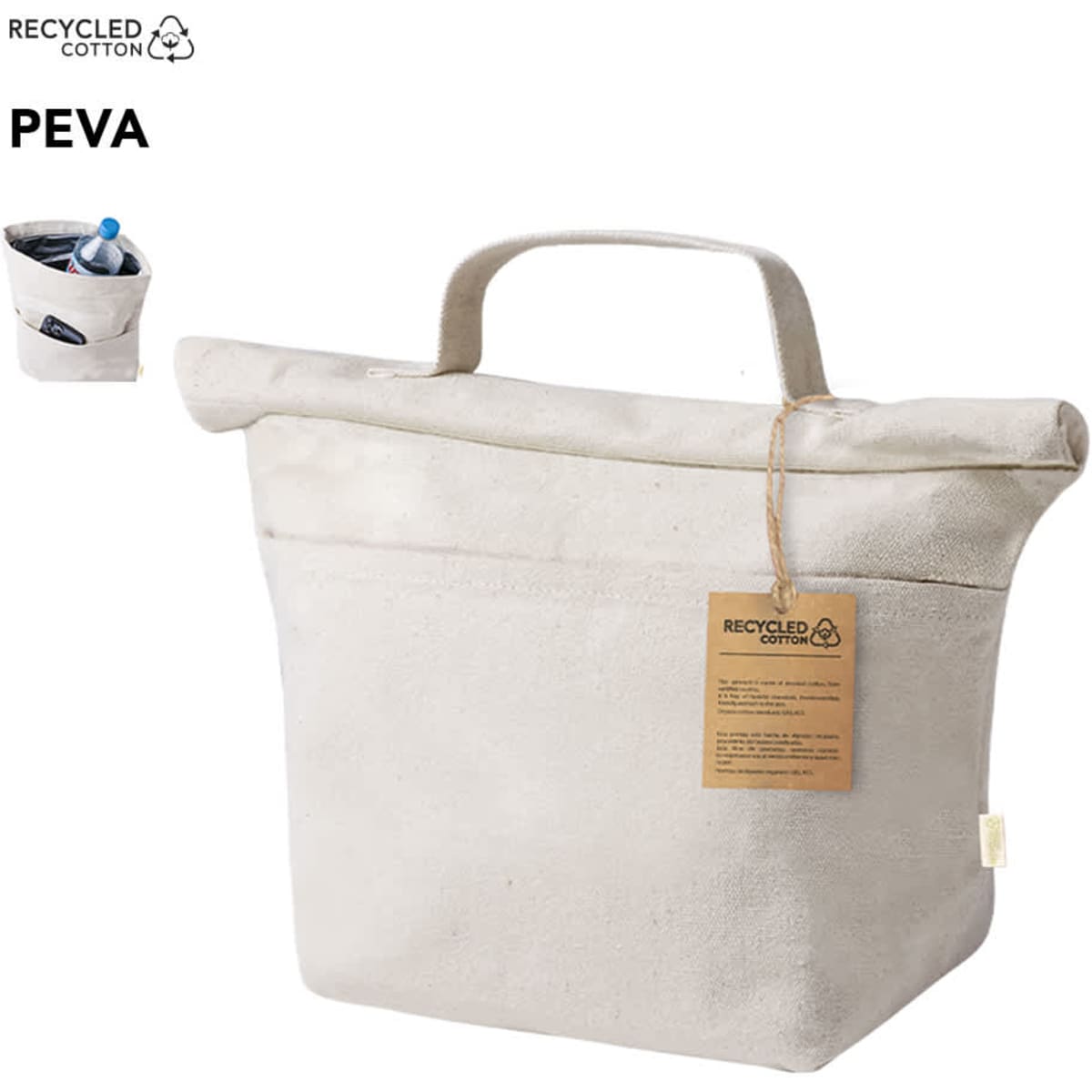 A cooler bag in beige with a top handle, made from recycled cotton, featuring a logo and a tag.
