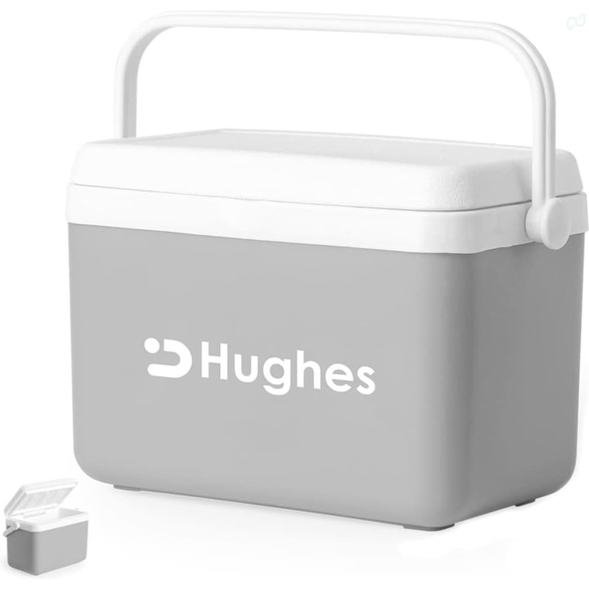 A grey cooler bag with a white lid and handle, featuring a branding logo. Includes a small container beside it.