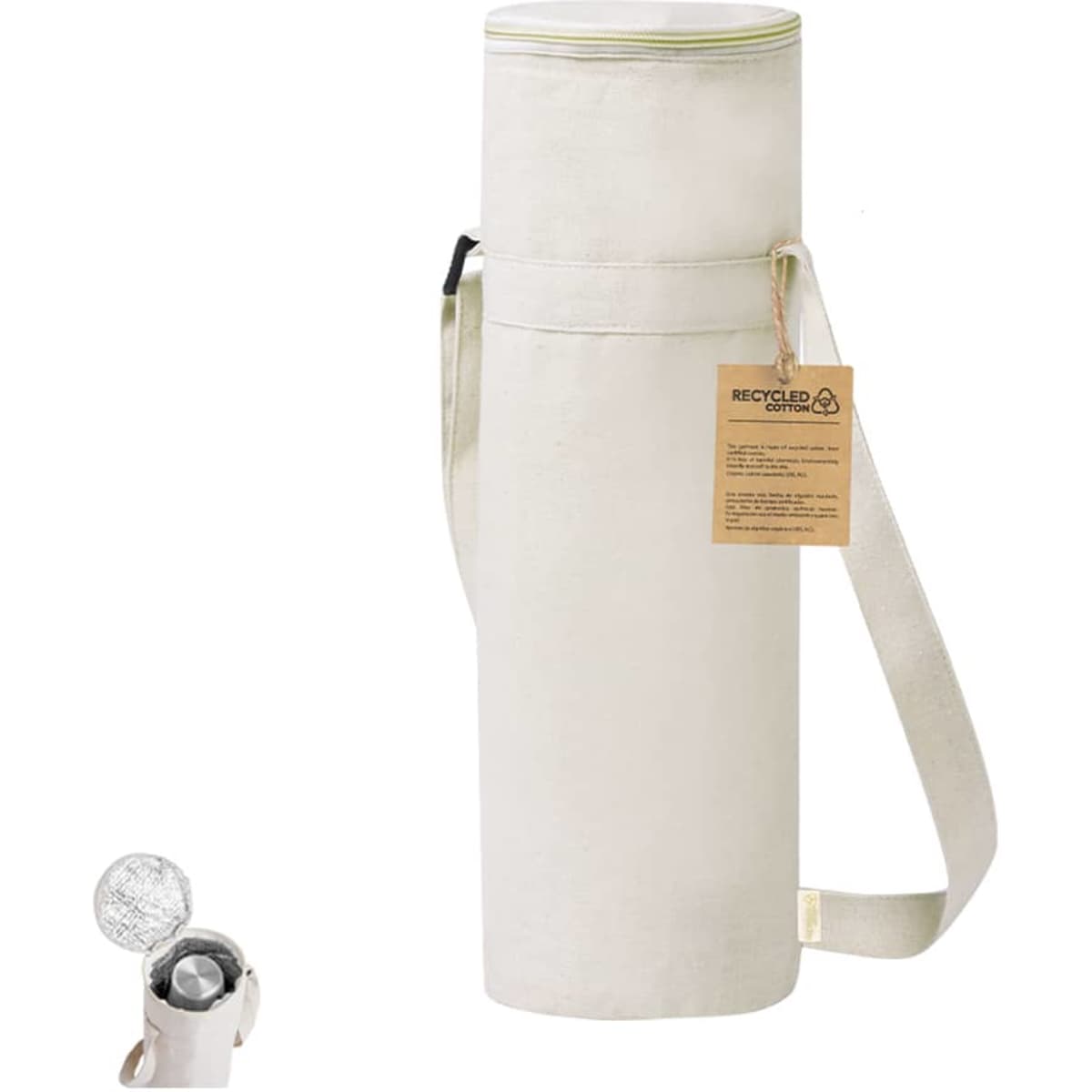 A drink bottle cooler in light beige with a shoulder strap and a silver insulated bottle inside. Features a branding logo.