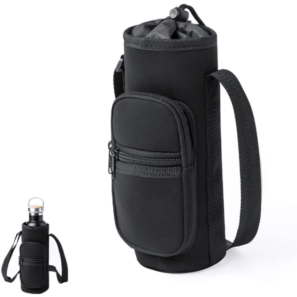 A drink bottle in a black cooler bag with a zippered pocket and adjustable strap. Features a drawstring closure.
