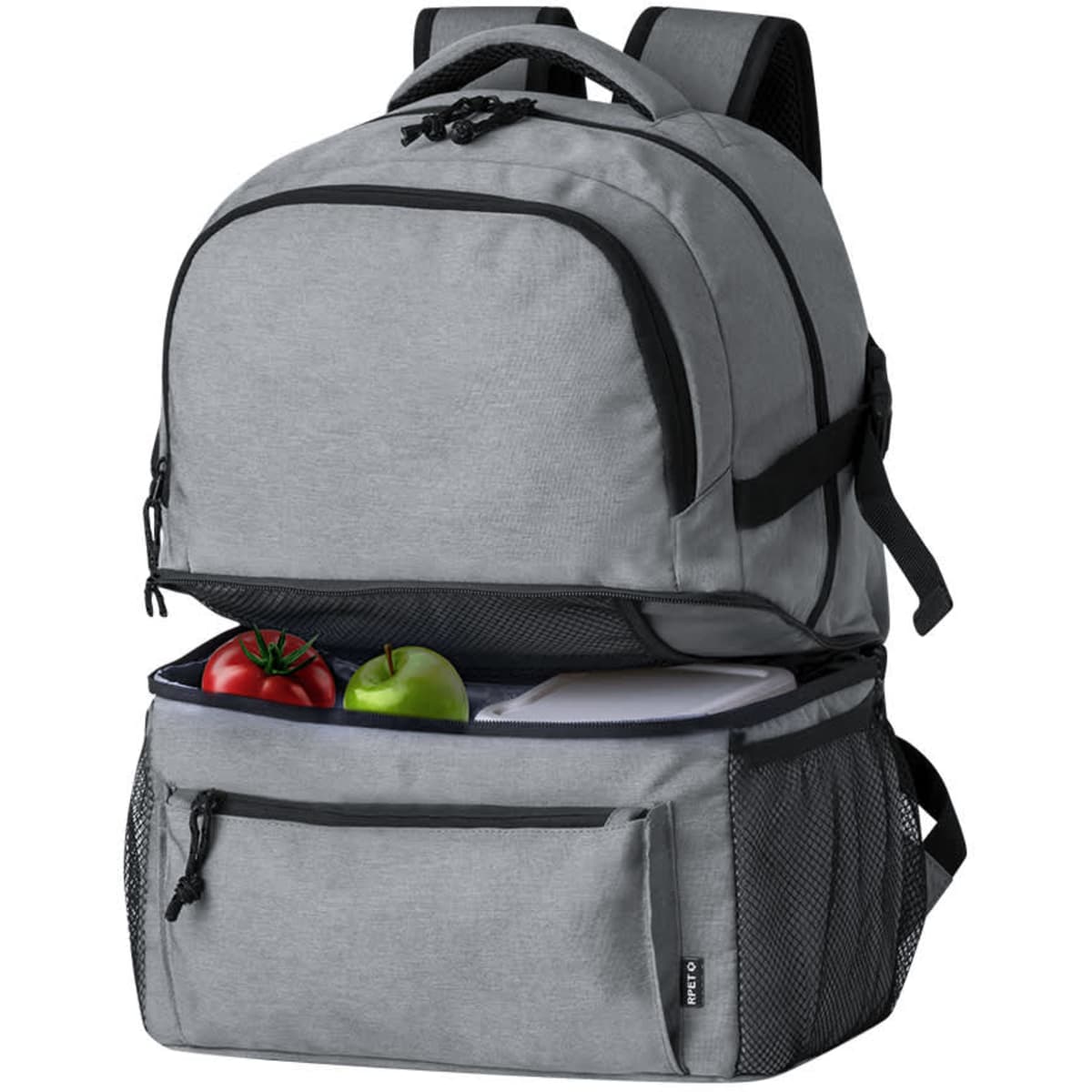 A grey backpack with a cooler compartment containing two apples and a lunch container, featuring a logo.