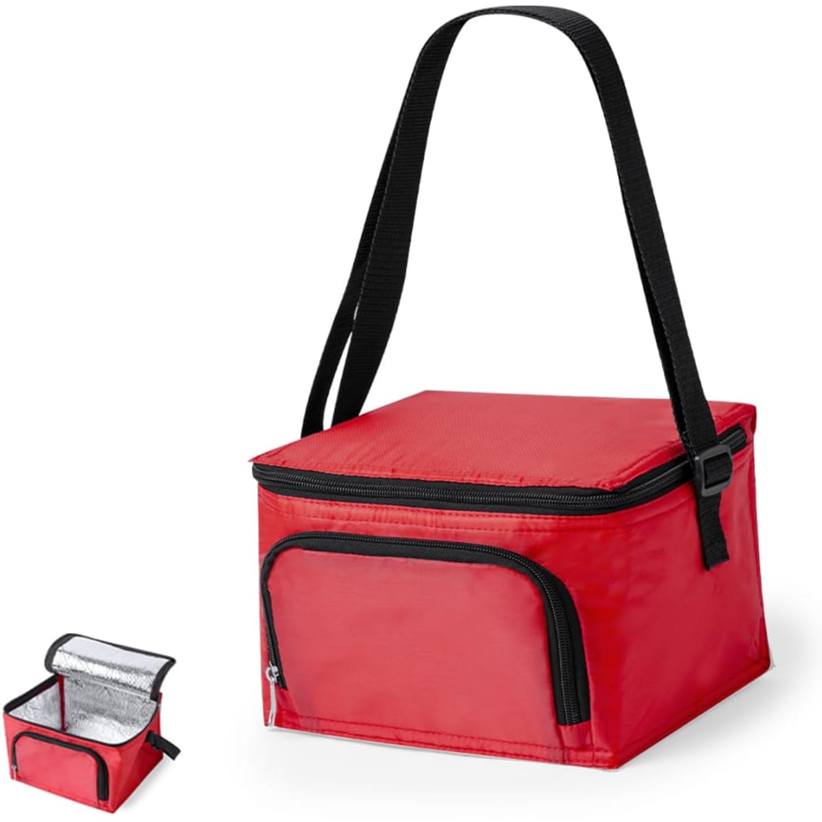 A red cooler bag with a black zipper and adjustable strap, featuring a silver insulated interior and a front pocket.