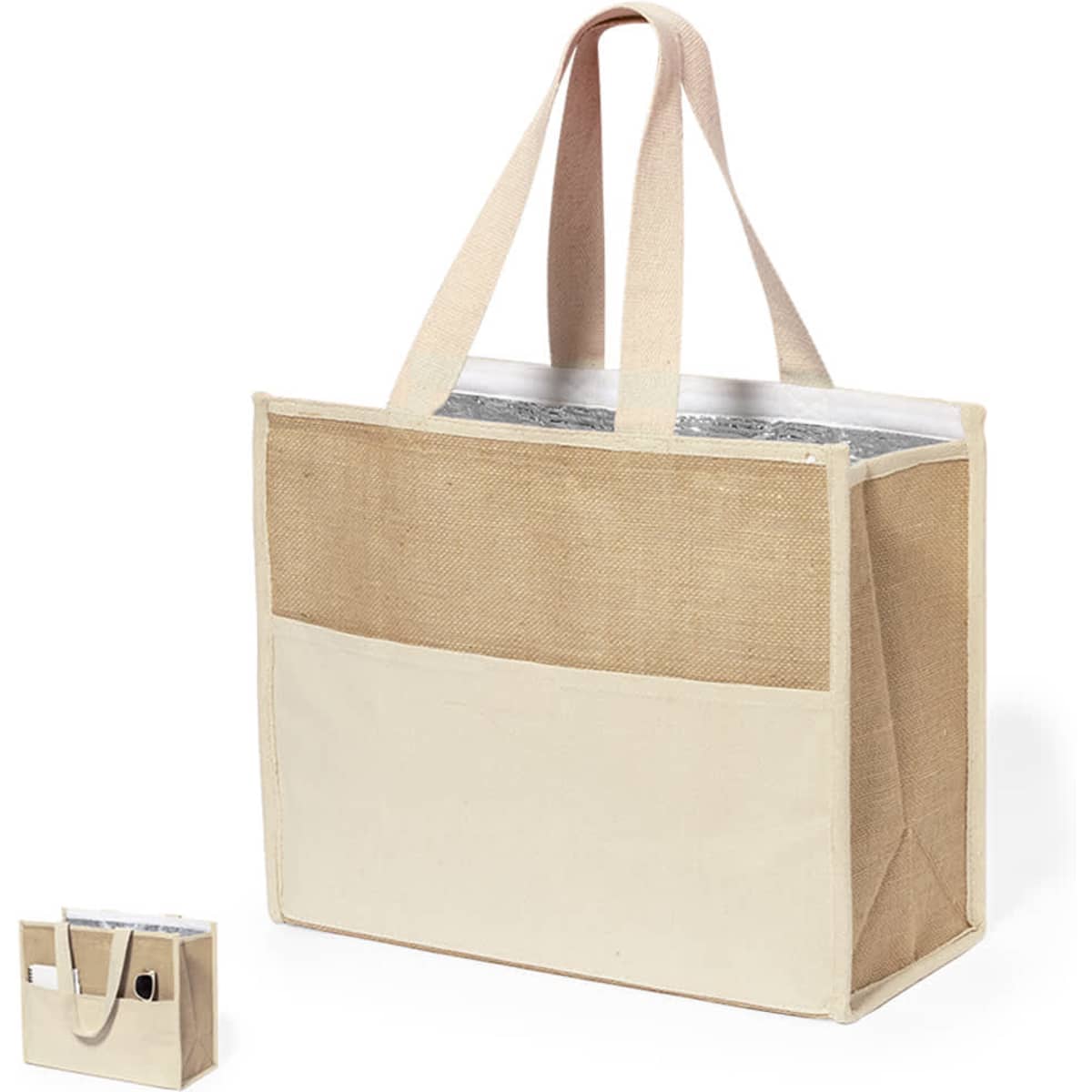 A cooler bag in tan and cream, featuring a silver interior and sturdy handles, with a front pocket and a branding logo.