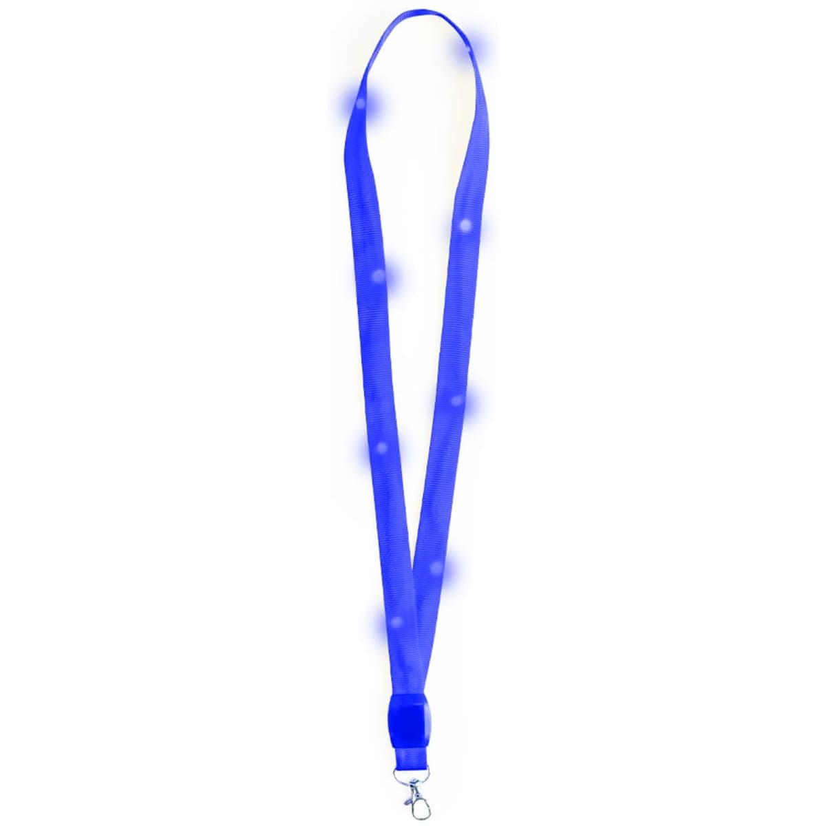 A blue lanyard with a clip and a smooth finish, featuring a logo design.
