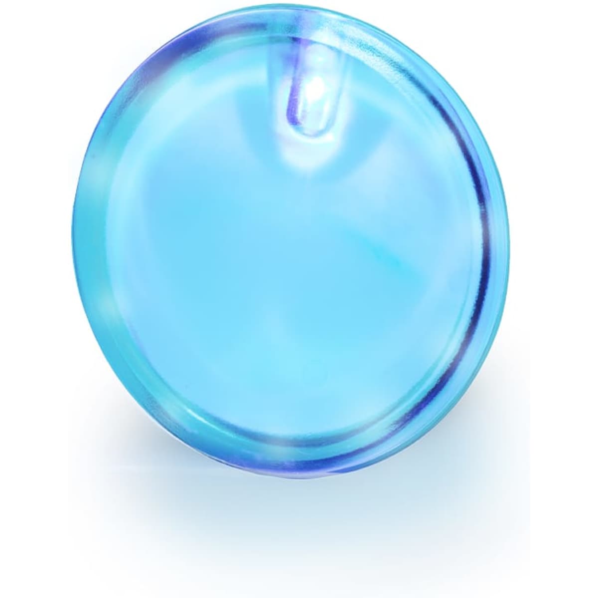 A blue lapel pin with a glossy finish and a circular design, featuring a branding logo.