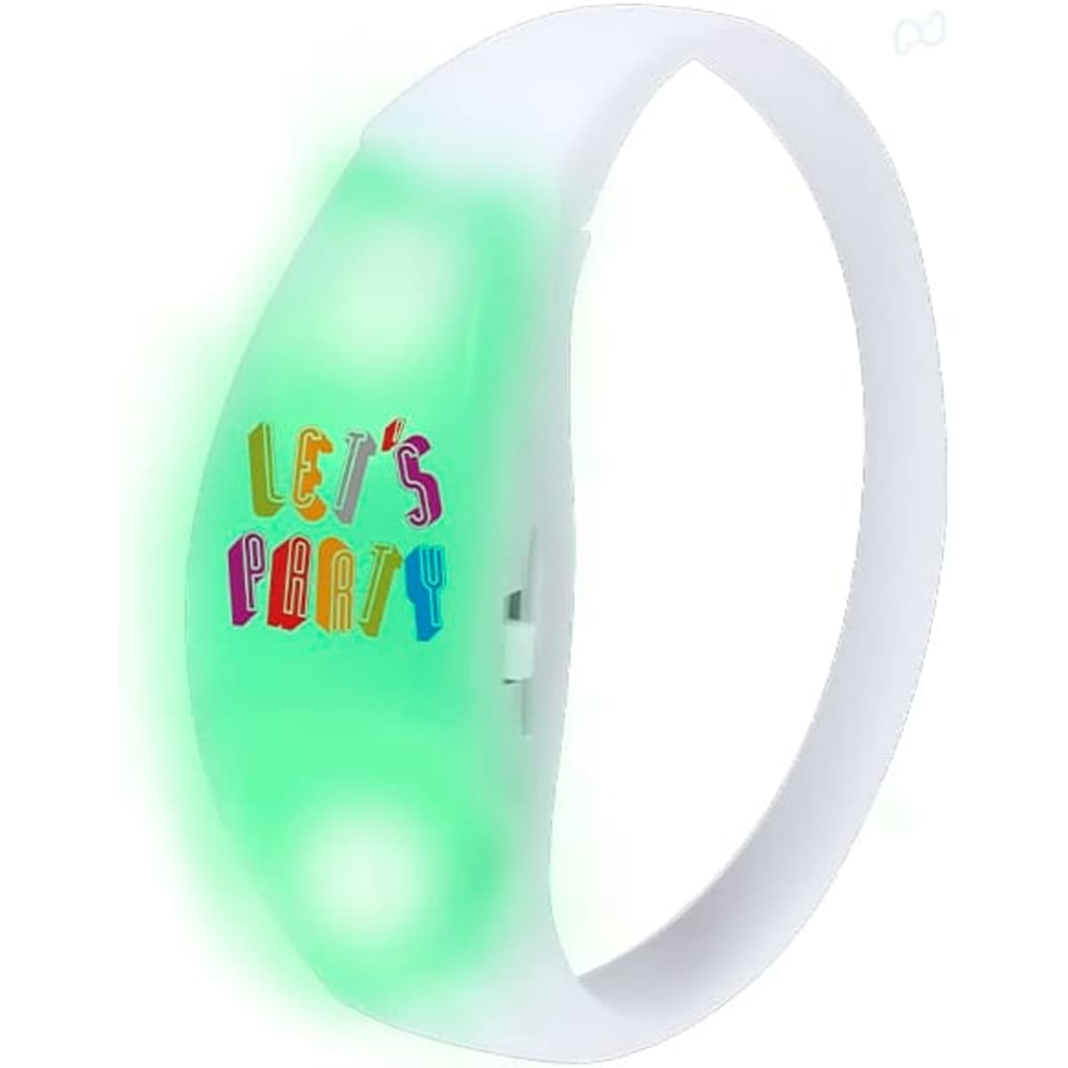 A light-up wristband in white with a vibrant "LET'S PARTY" design and glowing green lights.