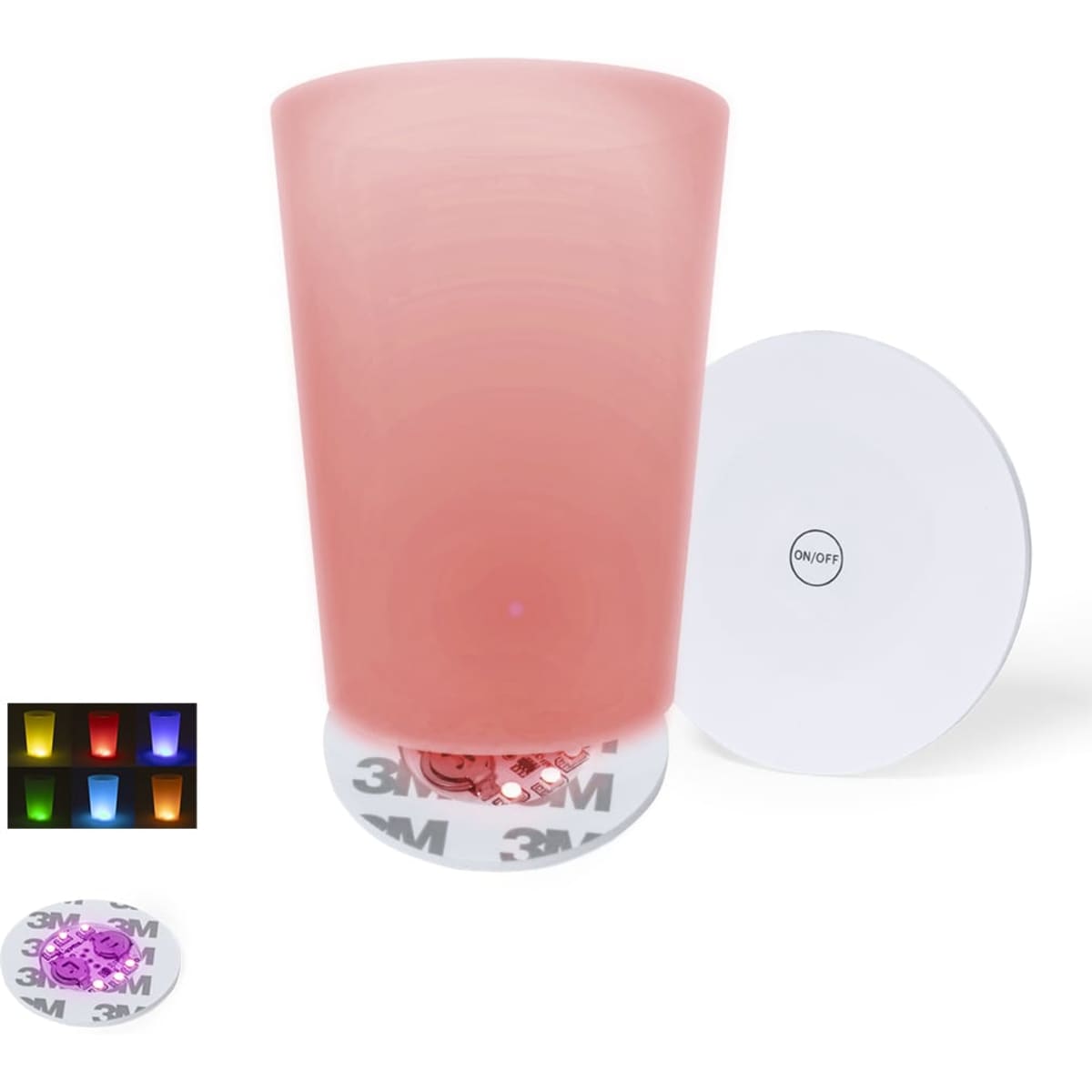 A pink drink cup with a wireless charging coaster, featuring a logo and colour-changing light elements.
