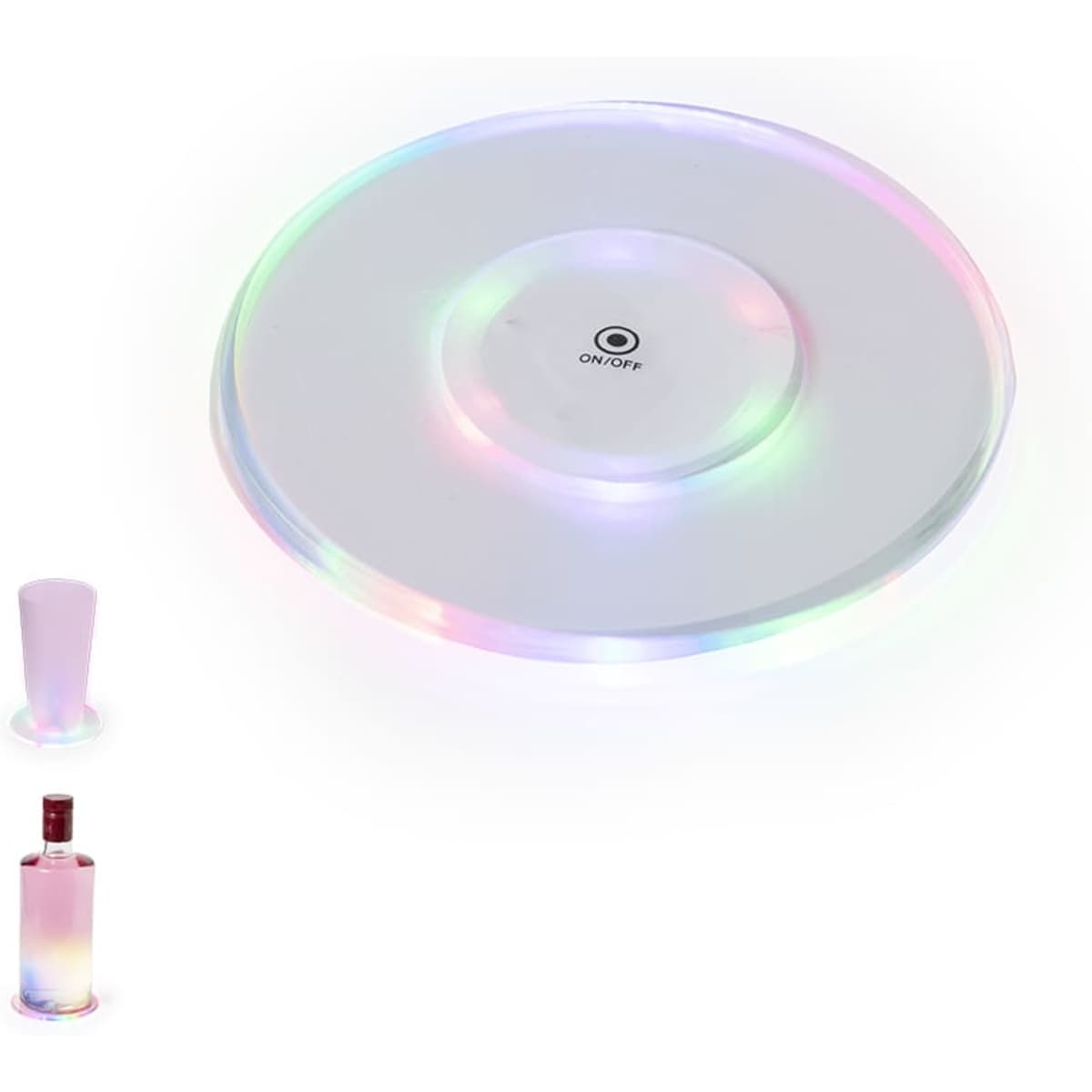 A circular LED coaster with multi-coloured lights, accompanied by a drink bottle and glass.