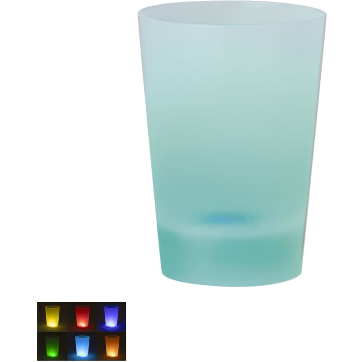 A translucent blue-green glass with a frosted finish, featuring a logo and illuminated design options below.