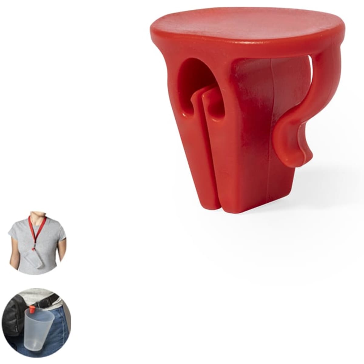 A red clip-shaped product with a curved design, featuring a logo, designed for holding drink bottles.
