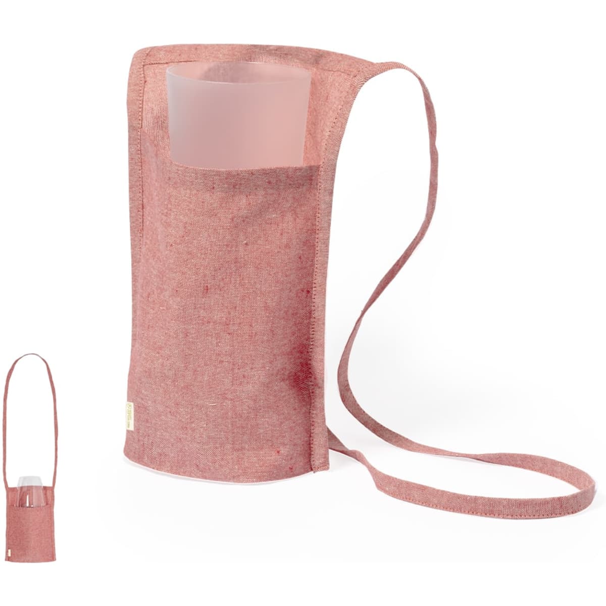 A red fabric bag with a long strap and a pocket for a drink bottle. The bag has a logo but no visible text.