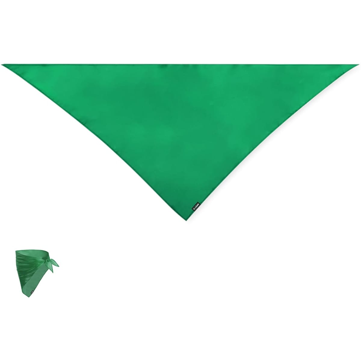 A green bandanna with a triangular design, featuring a logo and a smaller folded version beside it.