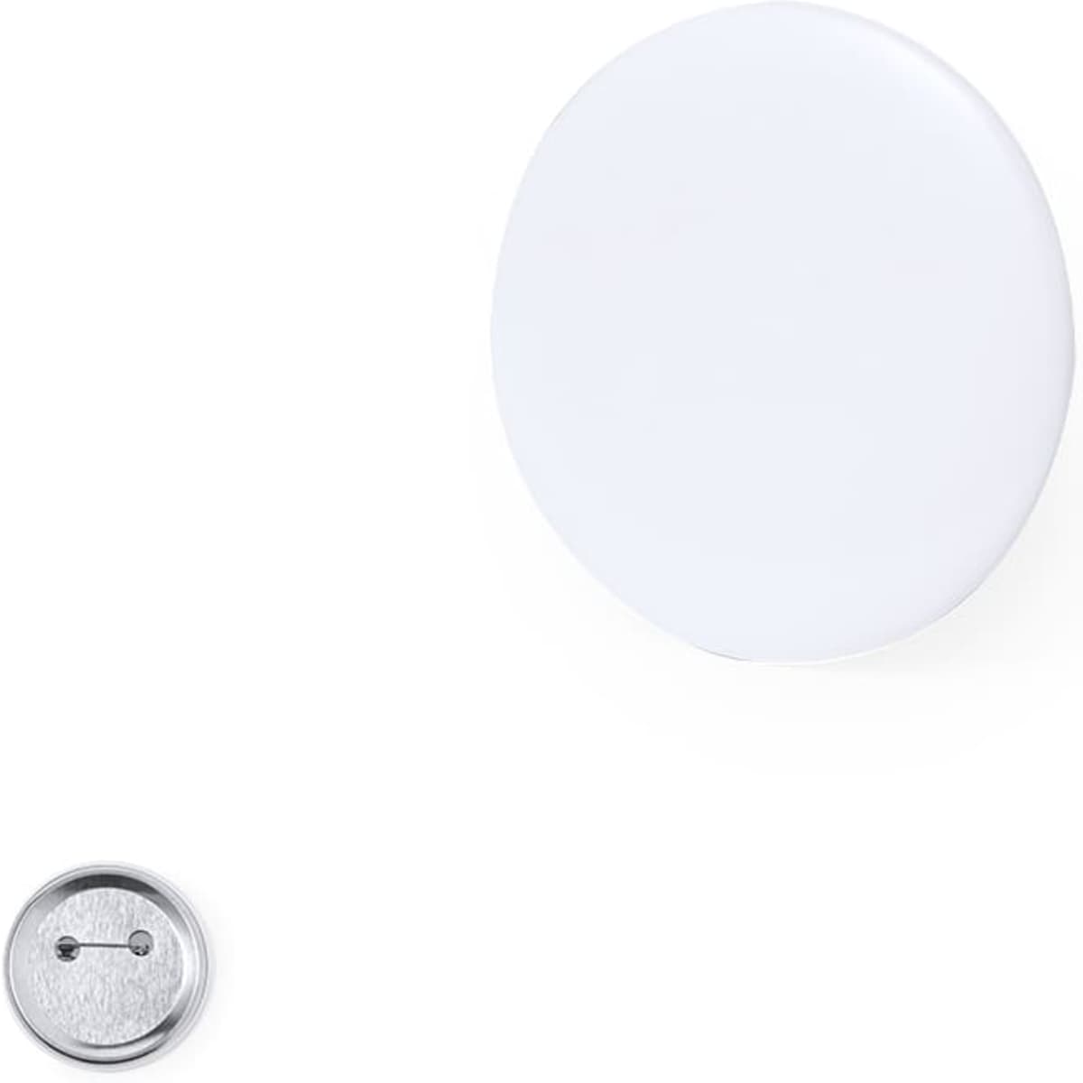 A white button badge with a metallic backing. Simple and circular design.