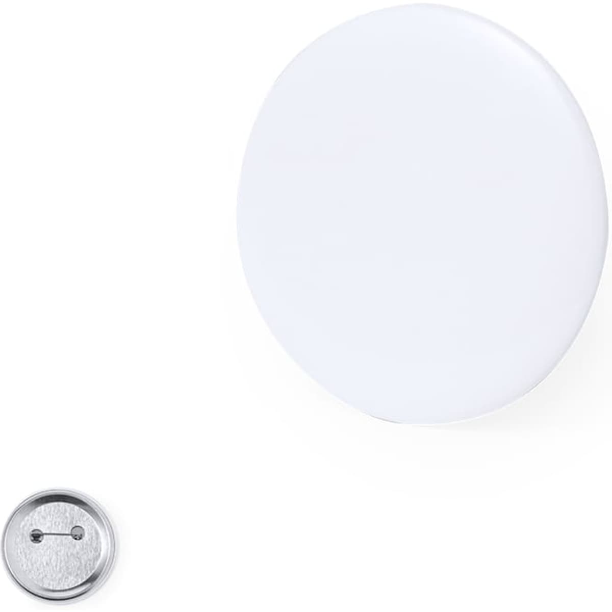 A round white button badge with a shiny finish, accompanied by a silver pin attachment.