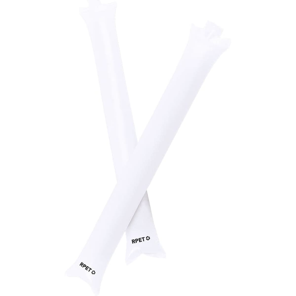 Two white inflatable novelty items with a branding logo, designed for fun and games activities.