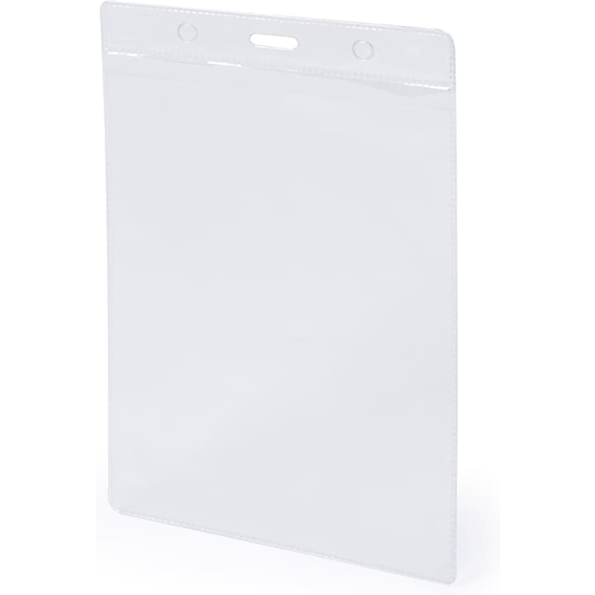 A transparent badge holder featuring a top opening and two holes for attachment. Ideal for exhibitions and events.