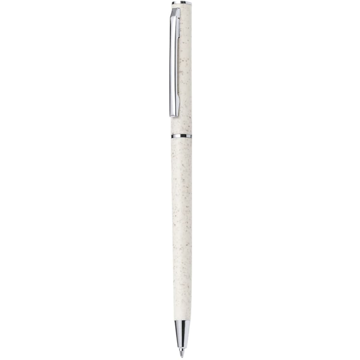 A pen with a cream-coloured barrel and silver accents, featuring a clip and a smooth tip for writing.