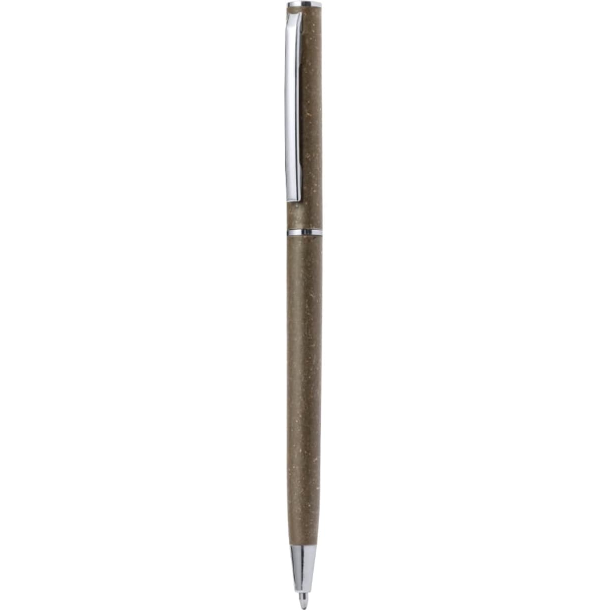 A brown pen with a silver clip, featuring a sleek design and a logo on the barrel.