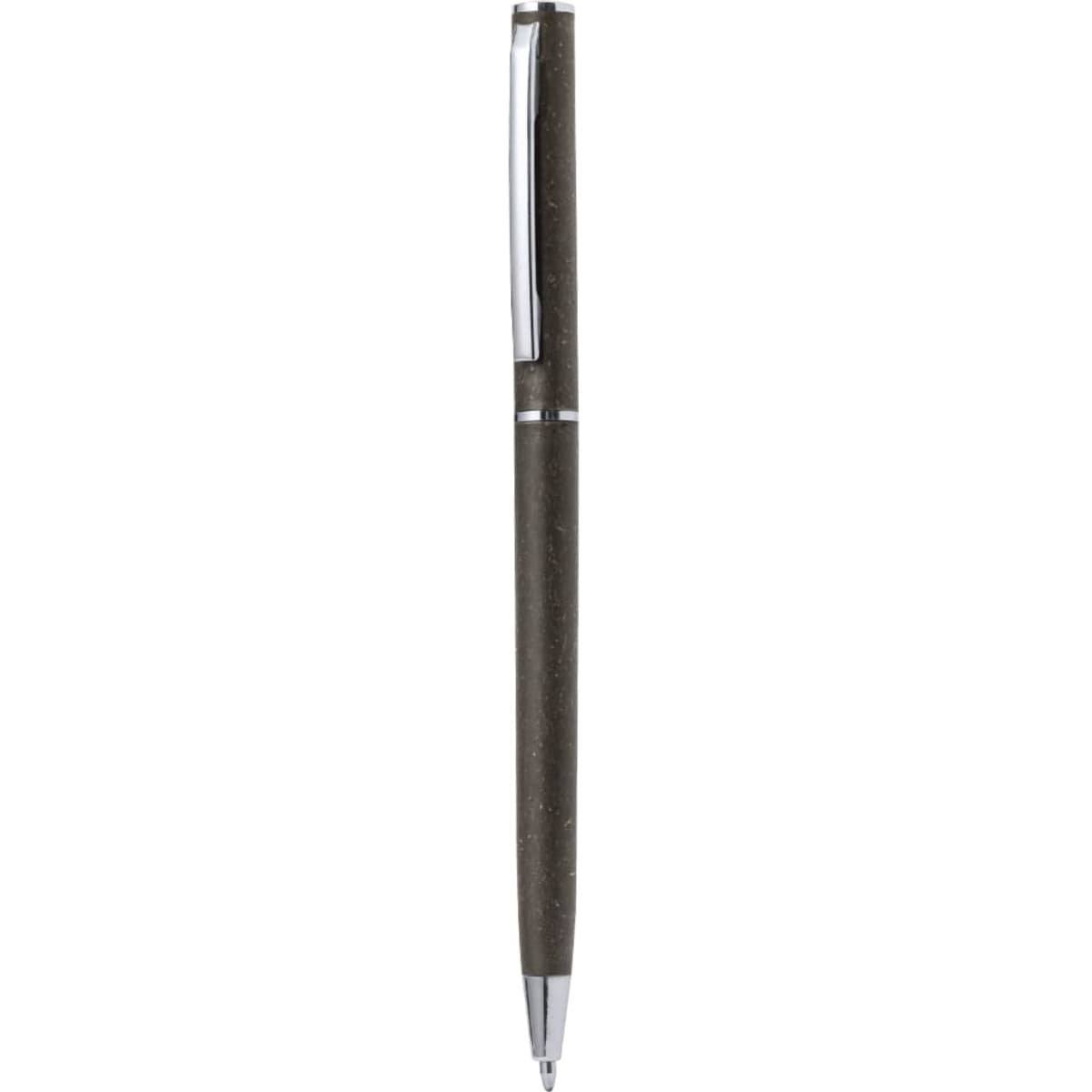 A brown pen with a silver clip and accents, featuring a sleek design and a logo on the barrel.