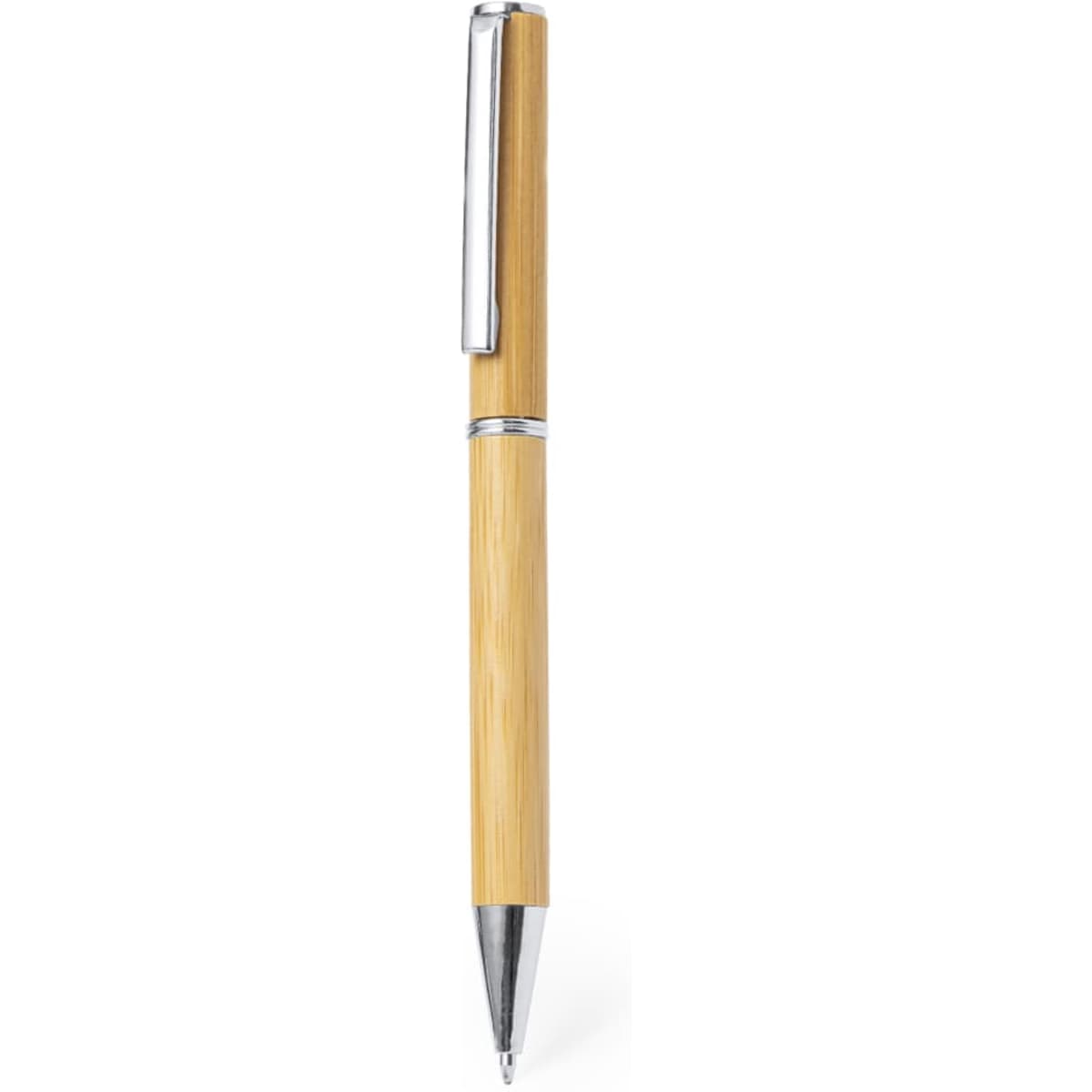 A wooden pen with a bamboo body and a silver metal clip. The design is sleek and elegant.