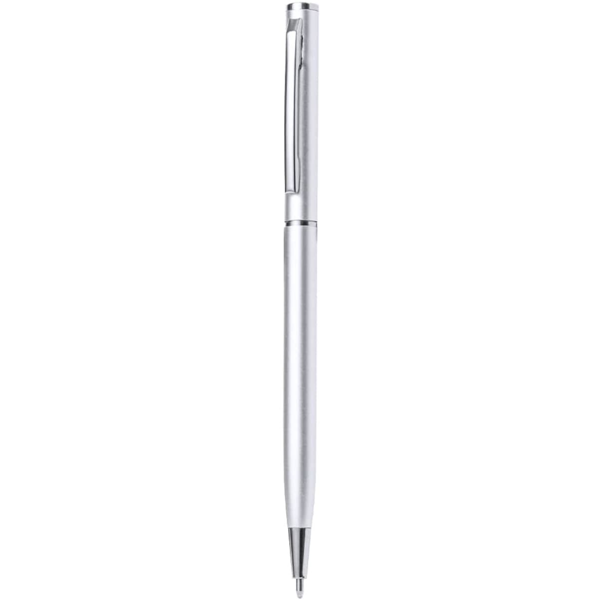 A metal pen in silver with a sleek design and clip feature. It has a logo displayed on its surface.