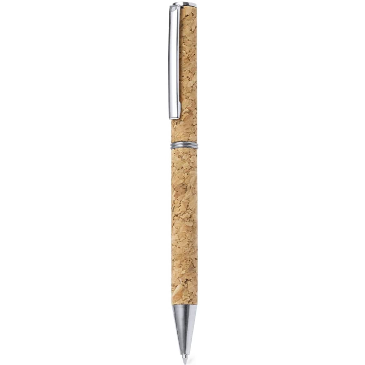 A pen with a cork barrel and silver accents, featuring a clip and a metal tip. It has a sleek, eco-friendly design.