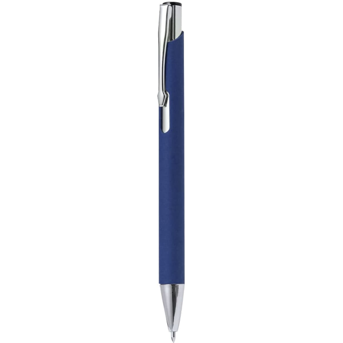 A blue ballpoint pen with a chrome clip and tip, featuring a textured grip, and a logo on the side.
