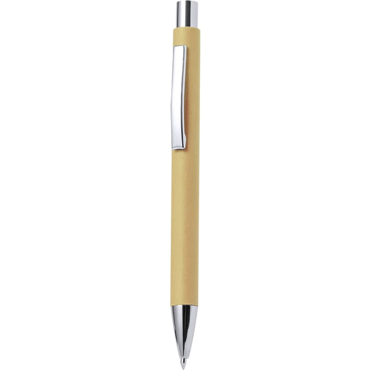 A yellow pen with a silver clip and a shiny tip, featuring a sleek design and a branding logo.