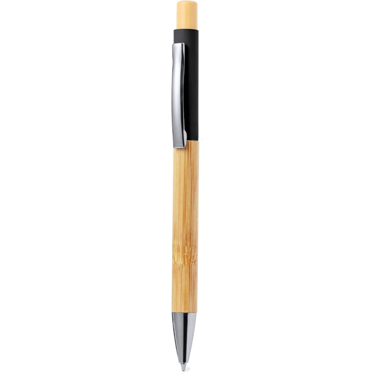 A wooden pen featuring a bamboo barrel and a black clip, with a chrome tip and accents.