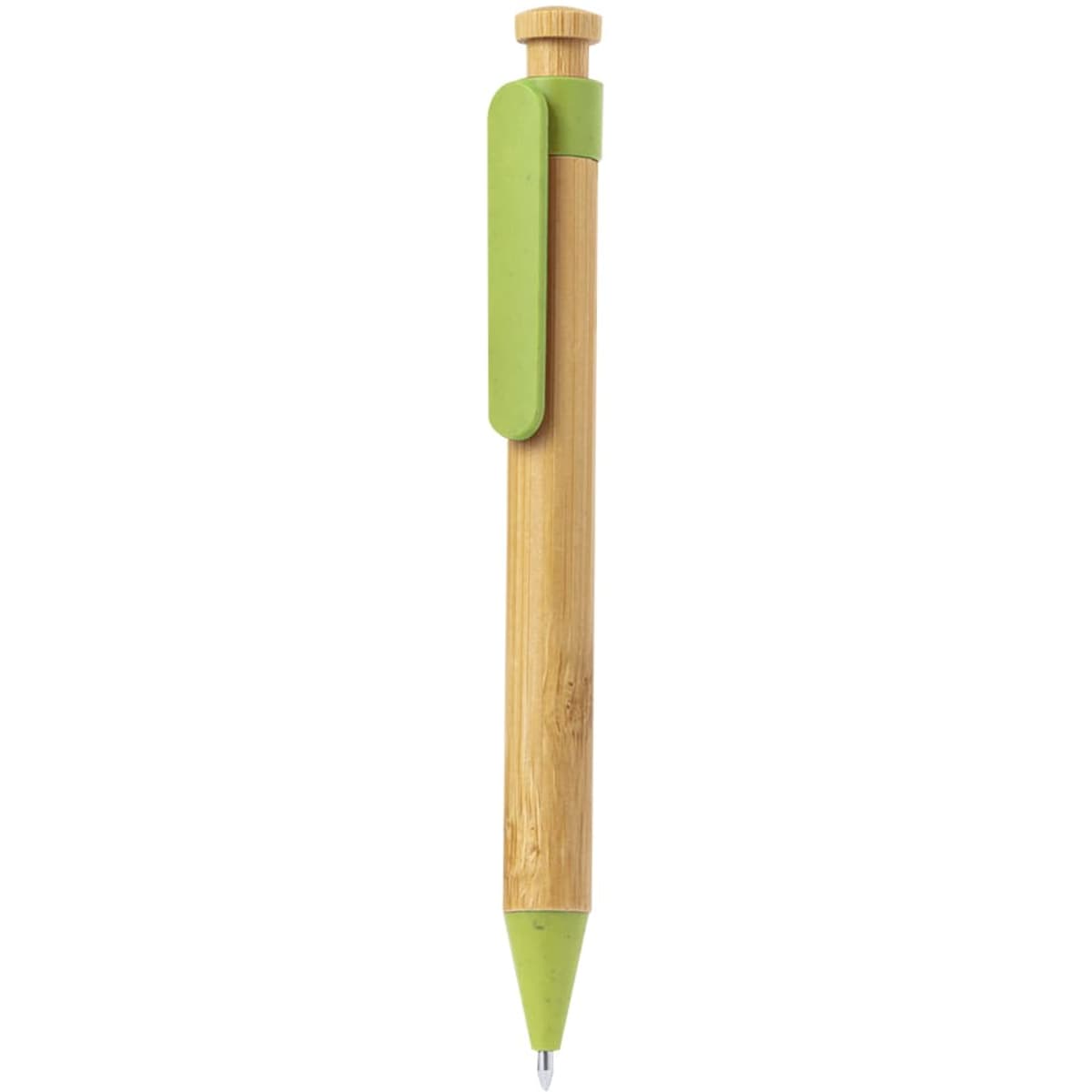 A wooden pen with a natural bamboo body and a green plastic clip. Includes a logo on the side.