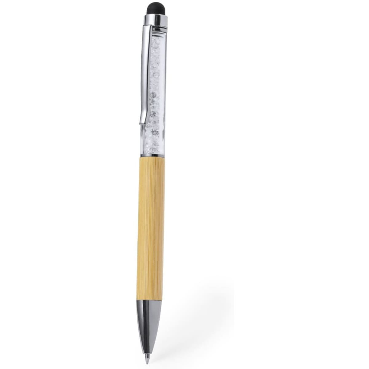 A bamboo ballpoint pen with a chrome clip and a stylus tip, featuring a transparent barrel.