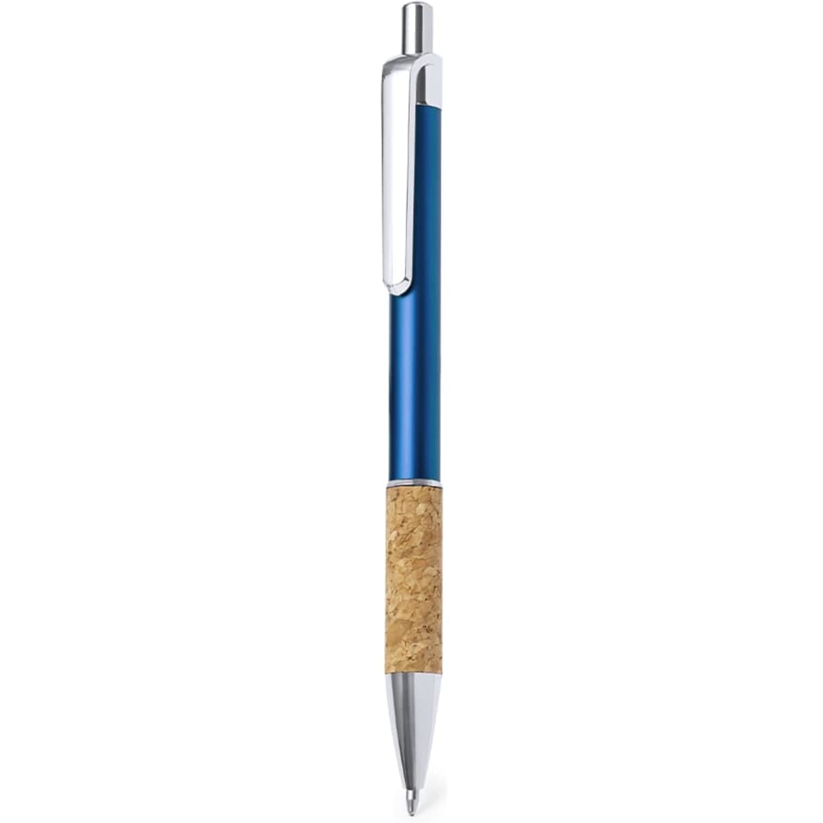A blue metal pen with a cork grip and silver clip, featuring a logo on the barrel.