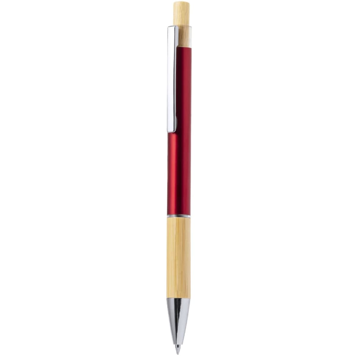 A metal pen with a red barrel, bamboo grip, and chrome accents. It features a clip and a pointed tip.