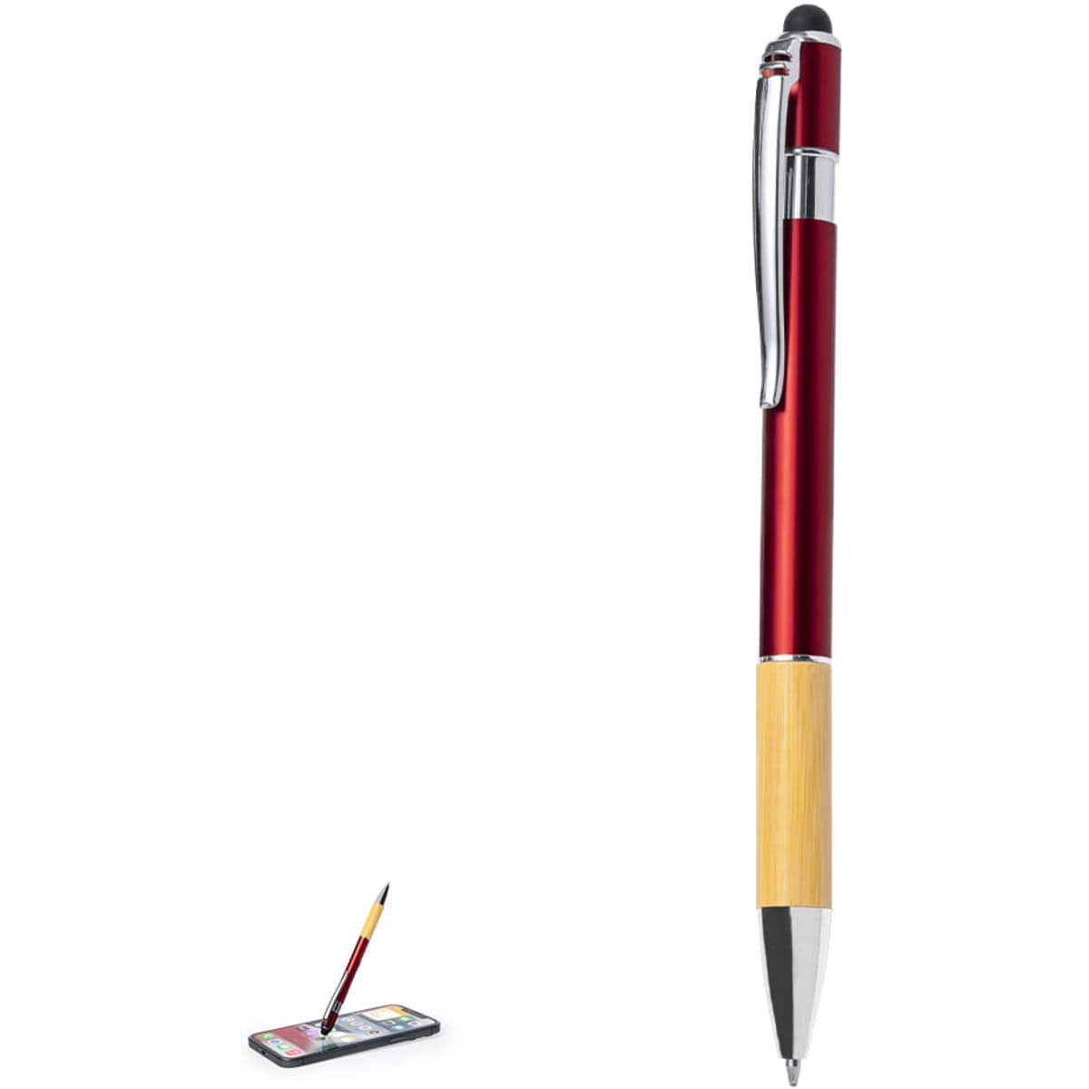 A sleek red and bamboo ballpoint pen with a stylus tip. It features a shiny silver clip and branding.